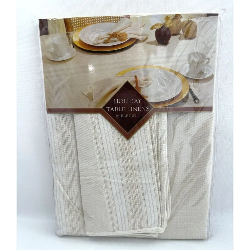 White Gold Stripe Round Tablecloth Bardwil Linens 70 Inch Brilliant Holiday NEW